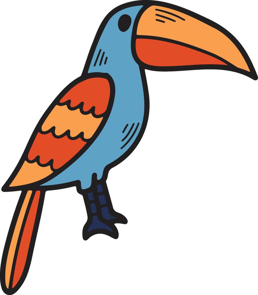 A black and white drawing of a bird with a large beak and a colorful tail vector