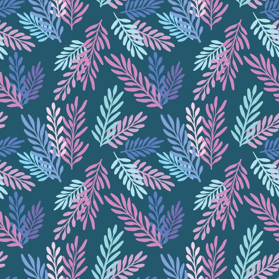 Dark colorful leaf pattern, seamless repeating background print, hand drawn vibrant summer wallpaper design, tropical textile vector