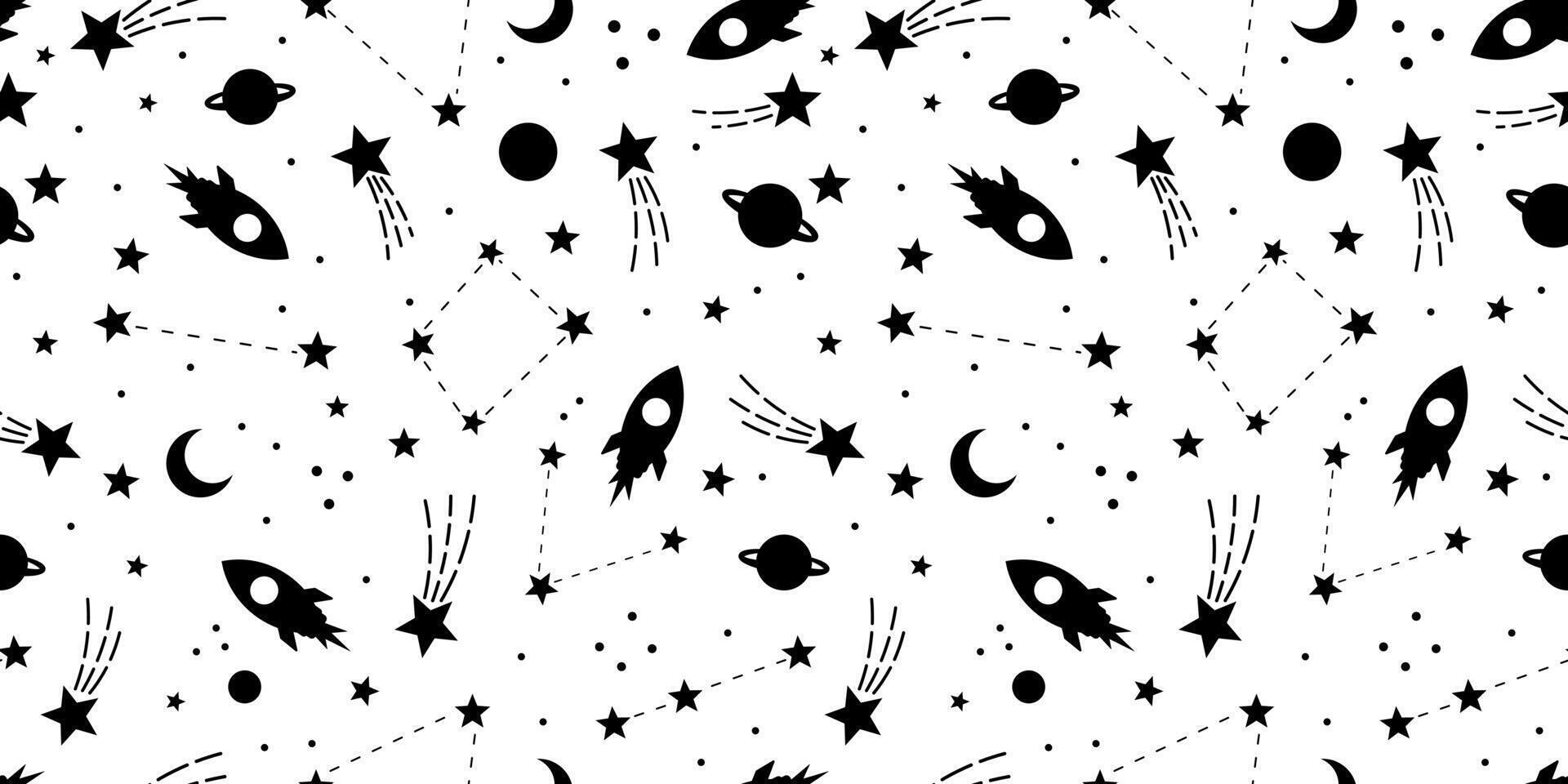 Galaxy pattern in black and white, rocket with shooting stars flat wallpaper, seamless repeating tile design vector