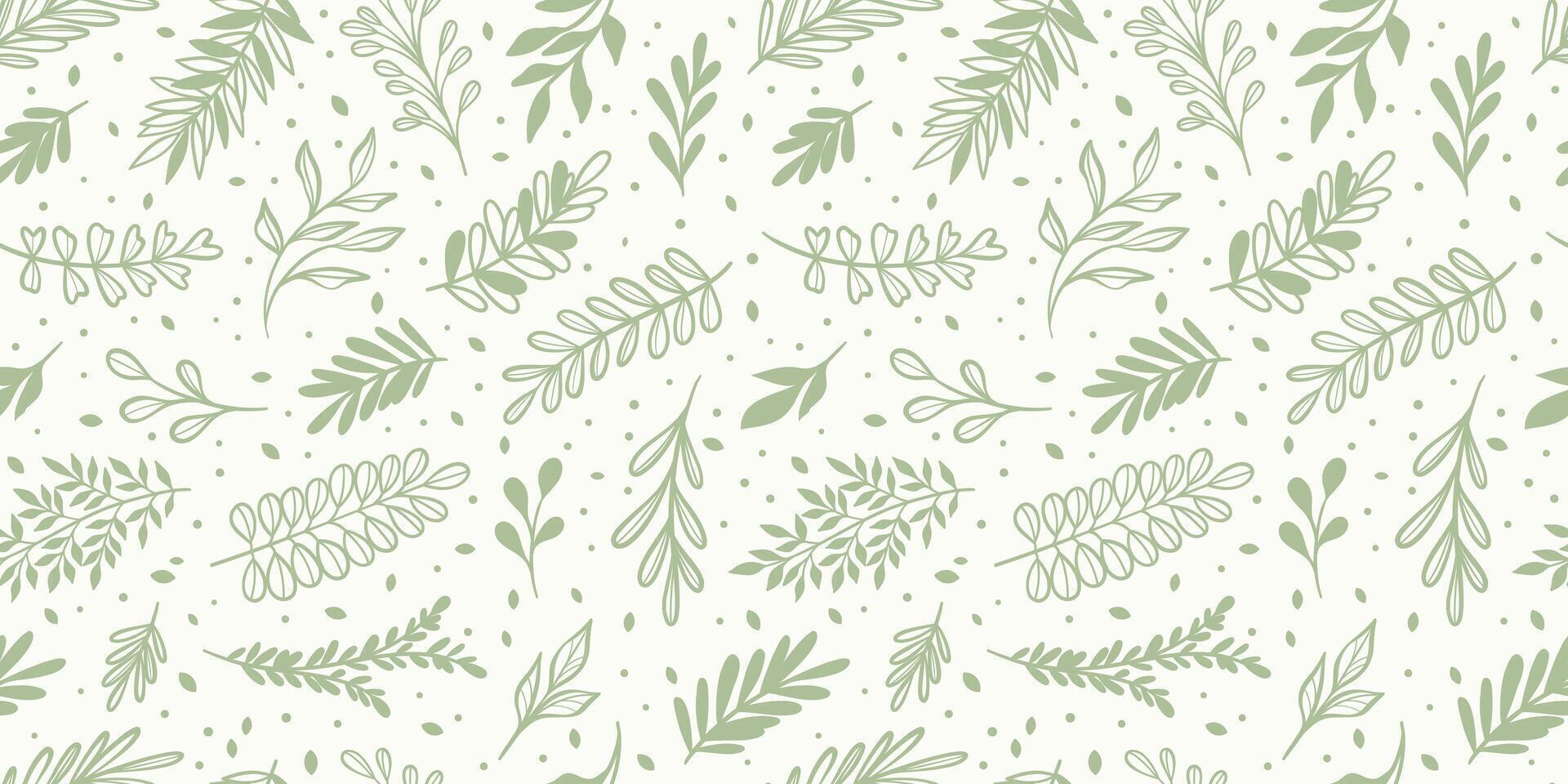 Leaf backgorund pattern green and white wallpaper with leaves, hand drawn vector