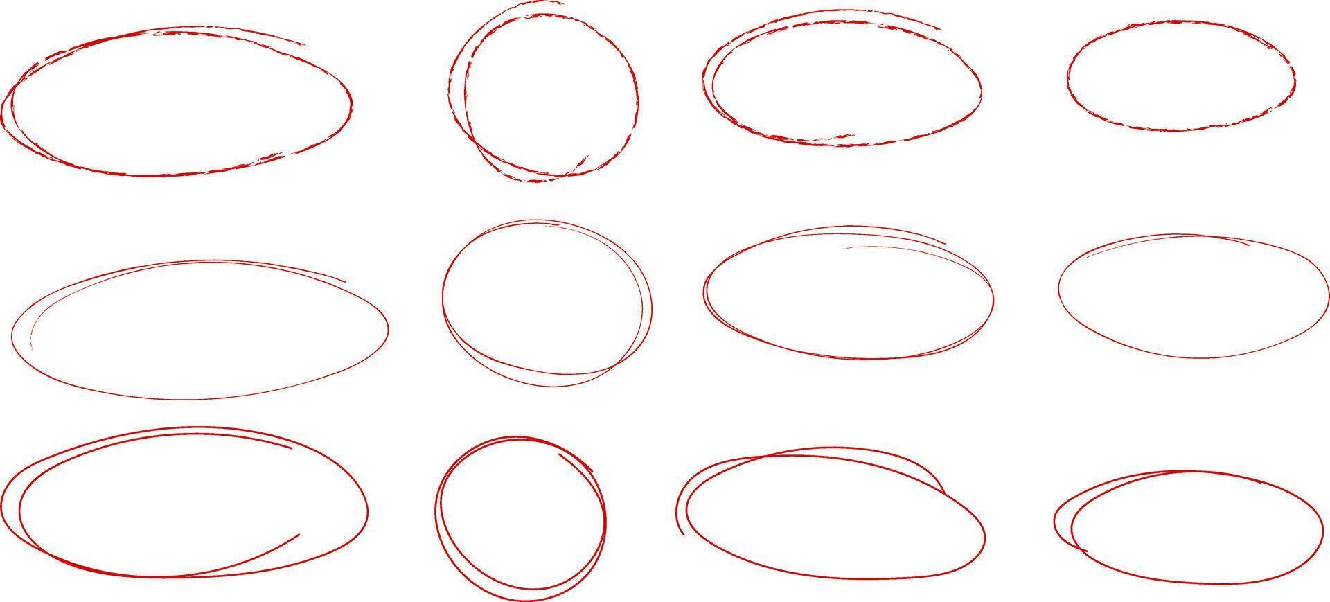 Red highlight circles, doodle set, isolated hand drawn ovals vector