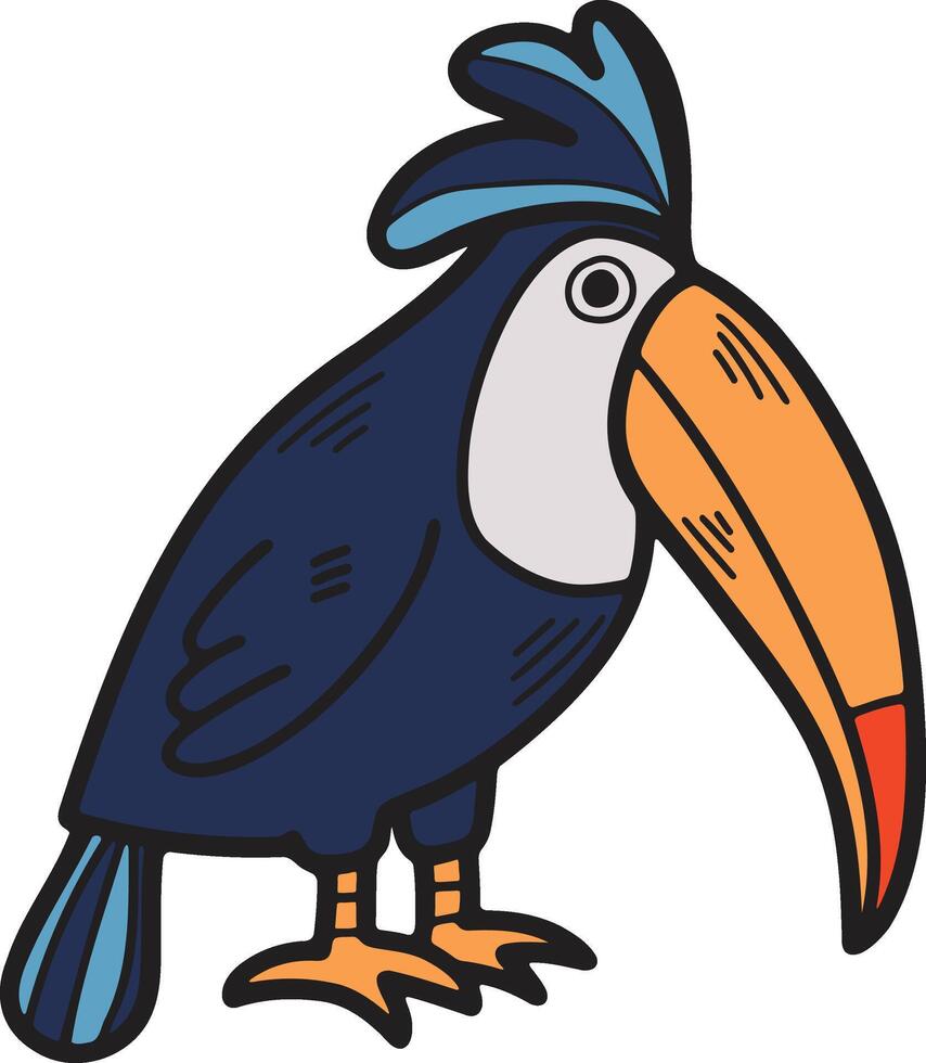 A black and white drawing of a bird with a large beak and a colorful tail vector