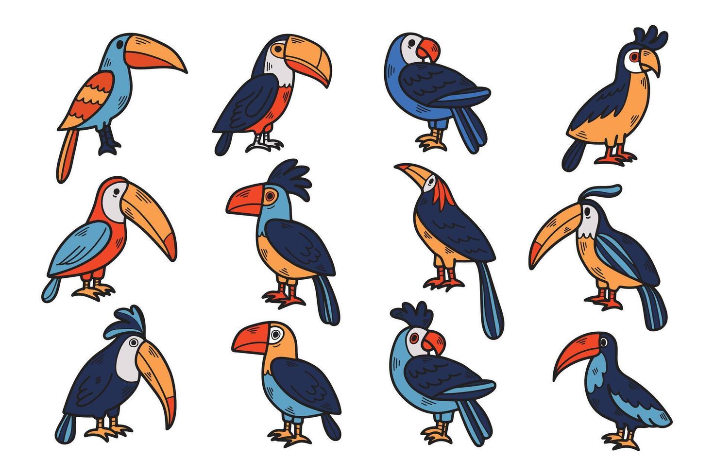 A set of twelve birds with different colors and sizes vector
