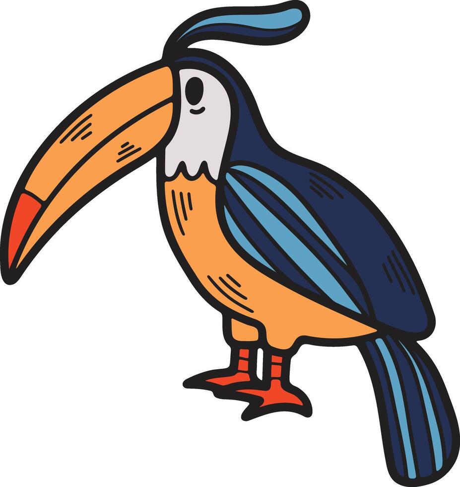 A black and white drawing of a bird with a large beak and a colorful tail vector