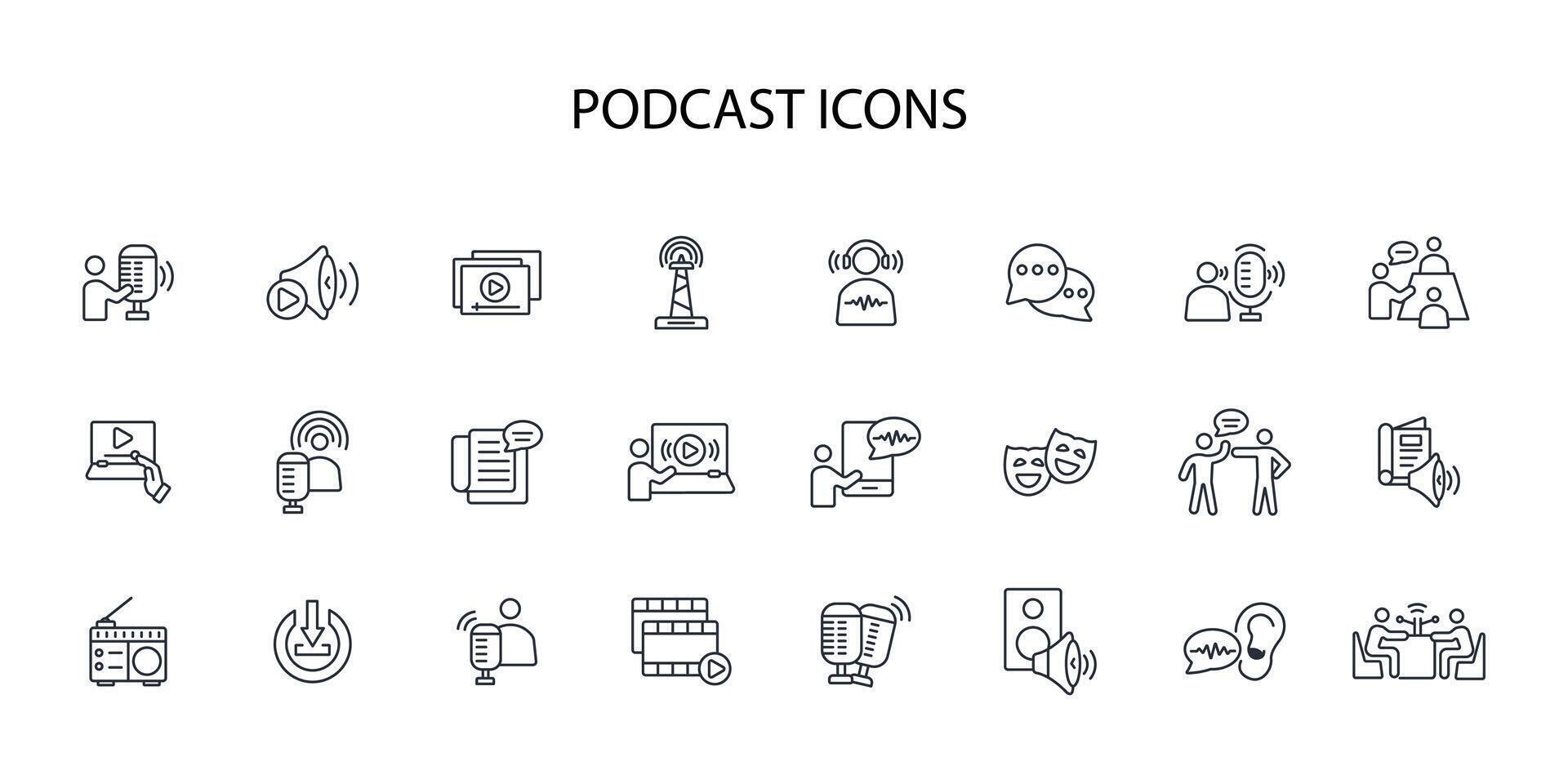Podcast icon set..Editable stroke.linear style sign for use web design,logo.Symbol illustration. vector
