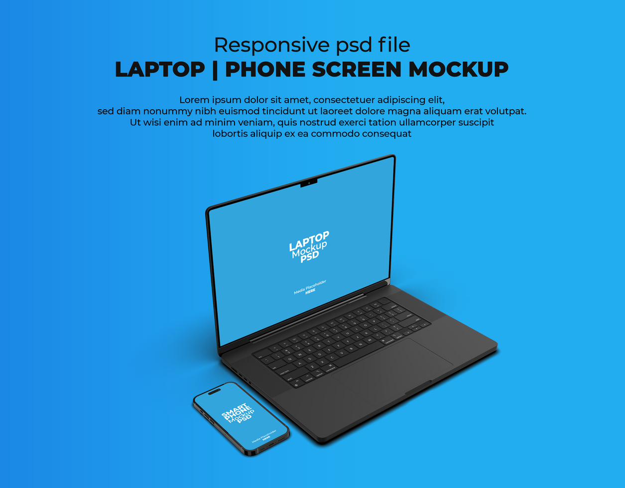 Opaco nero di risposta il computer portatile con smartphone modello psd