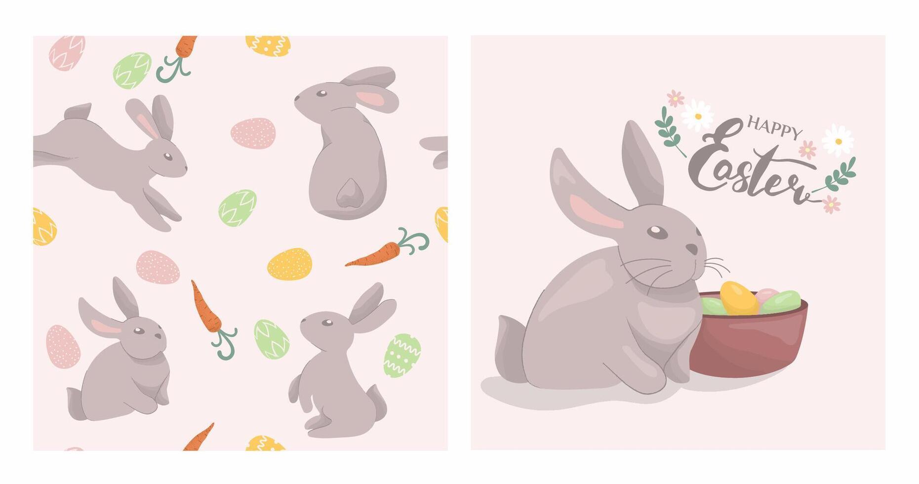 sin costura modelo con Conejo dibujos animados y zanahorias y huevos en rosado antecedentes. Conejo sentado con Pascua de Resurrección huevos en rosado antecedentes ilustración colocar. vector