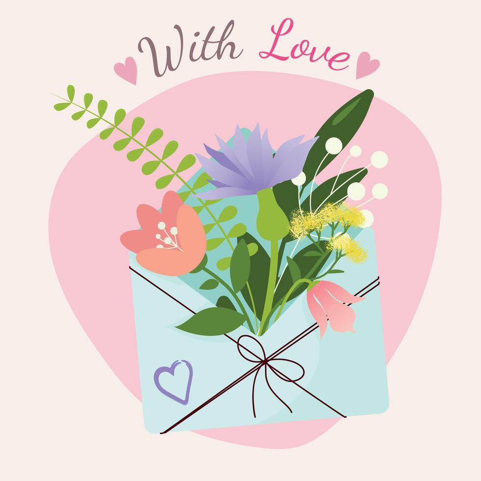 With love - Valentine s Day concept with lettering and bouquet in envelope. hand drawn illustration in flat style. Postcard for holidays and weddings. vector