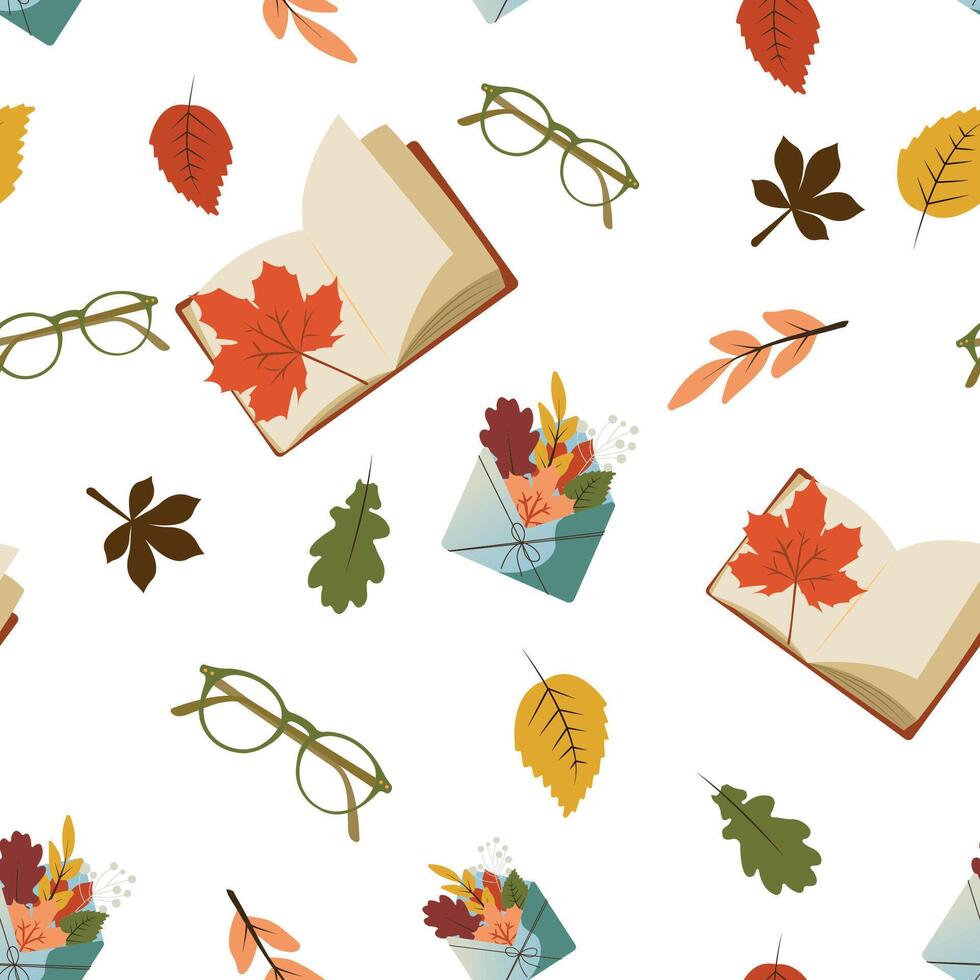 Seamless pattern with leaves, glasses, book. Perfect for wallpaper, gift paper, pattern fills, web page background, autumn greeting cards. Pattern in swatches. vector