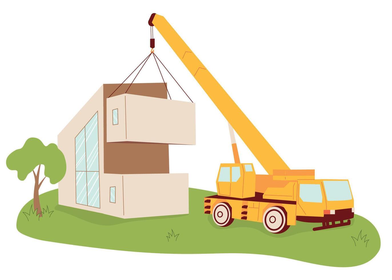 Modern house construction site scene. Process of building contemporary and environmentally friendly home in progress. New modular housing concept with builders and special engineering equipment. vector