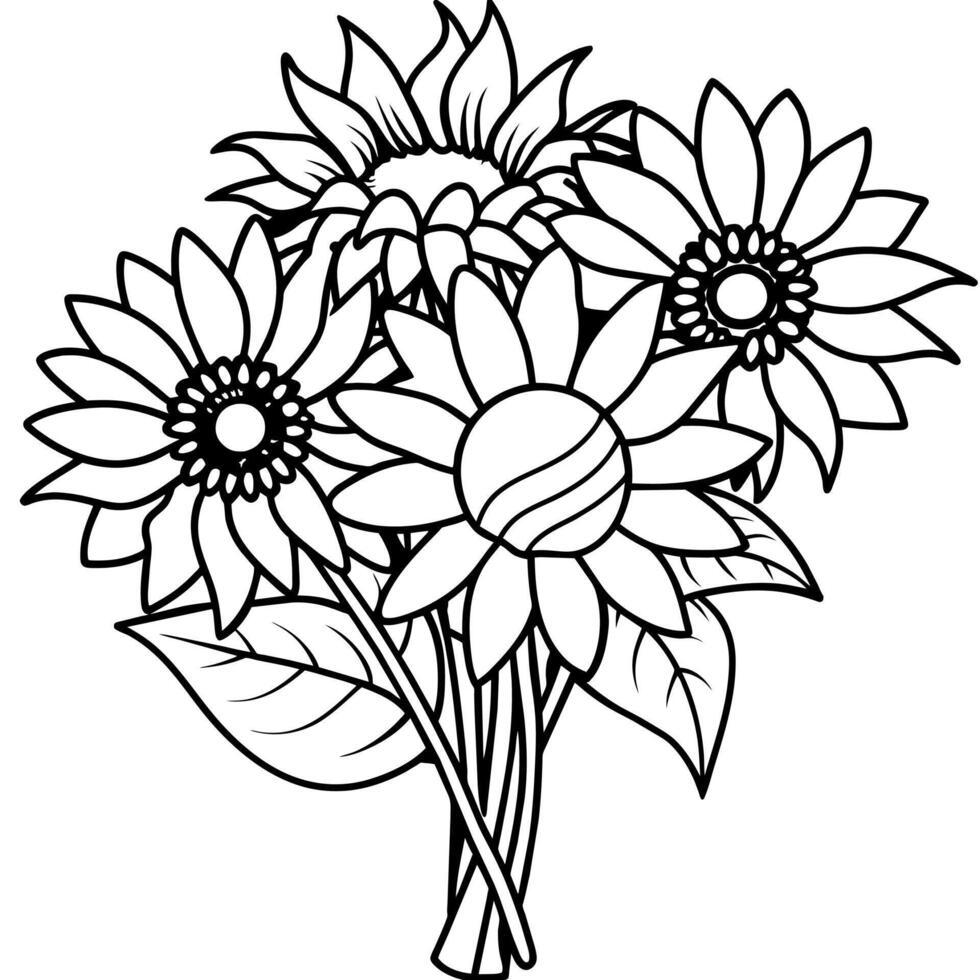 Sunflower flower outline illustration coloring book page design, Sunflower flower black and white line art drawing coloring book pages for children and adults vector