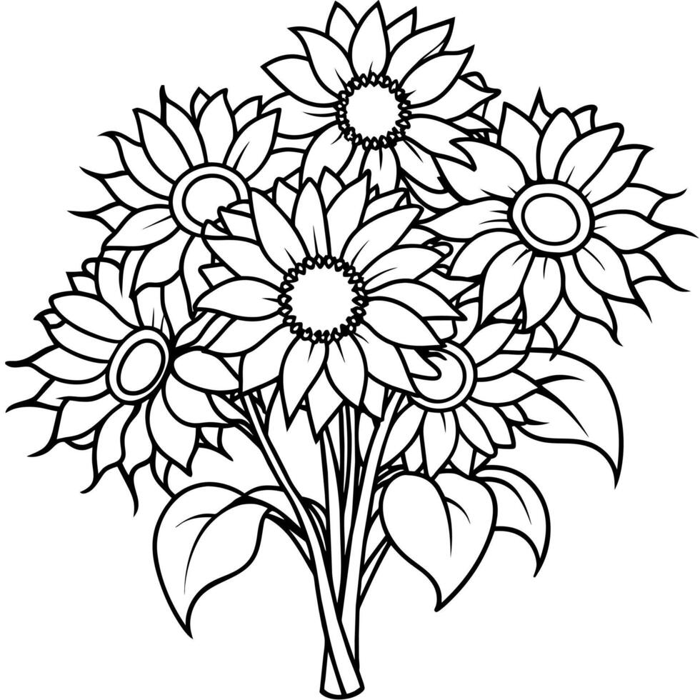 Sunflower flower outline illustration coloring book page design, Sunflower flower black and white line art drawing coloring book pages for children and adults vector