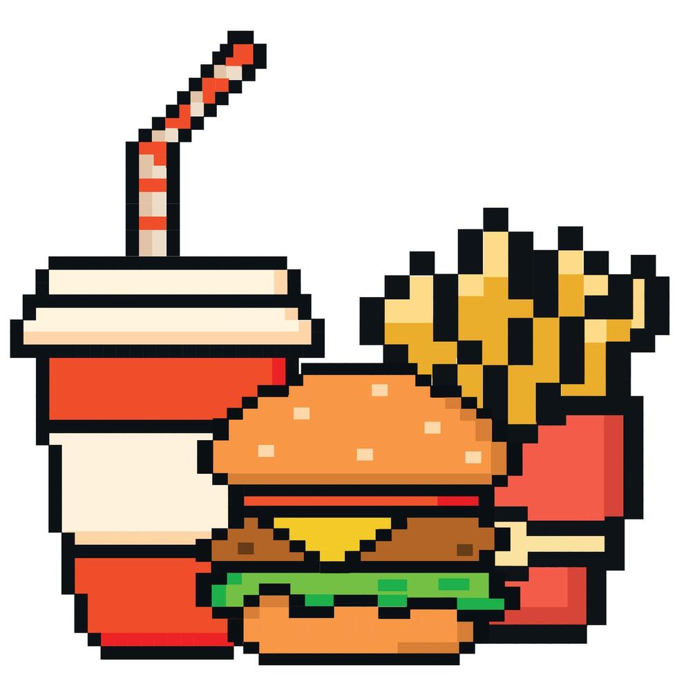 Fast food pixeled art hamburger, french fries, and a drink. Trendy retro pixel art design style. 80s-90s, digital vintage game style. Vintage game assets 8-bit sprite. vector