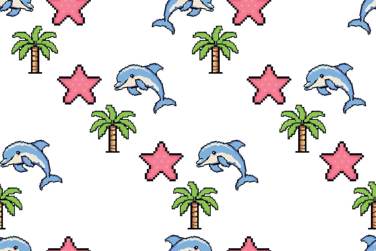 Summer pixel pattern with cute dolphin, seashells and palm for children. Trendy pattern for textile design, wallpaper, wrapping paper, scrubbing, children's parties, stickers, notebook cover. vector