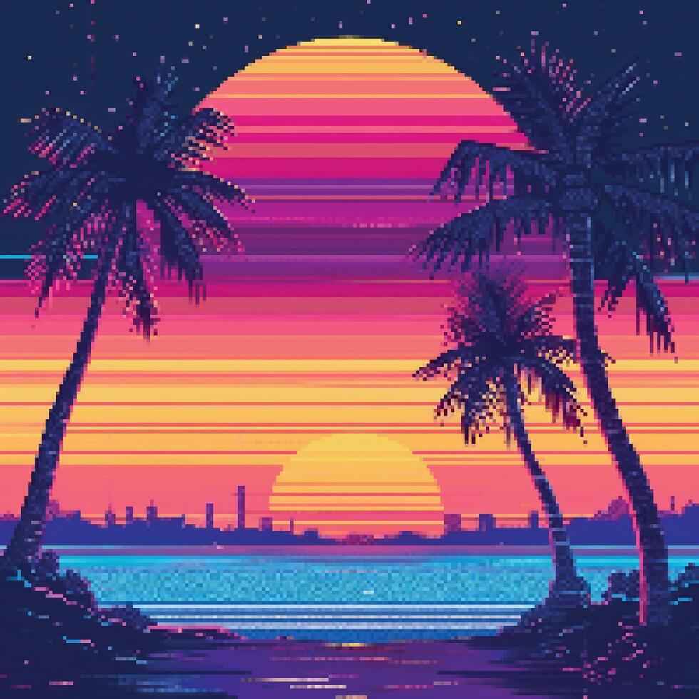 Pixel beach sunset sunrise with palm trees. Sun reflection in water. Futuristic landscape 1980s style. Digital landscape cyber surface. 80s party background vector