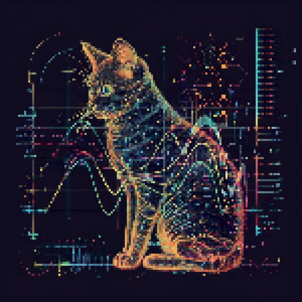 gato en píxel Arte futurista estilo. antiguo, 8 poco, años 80, años 90 ilustración de un gato en el estilo de un píxel Arte. vector