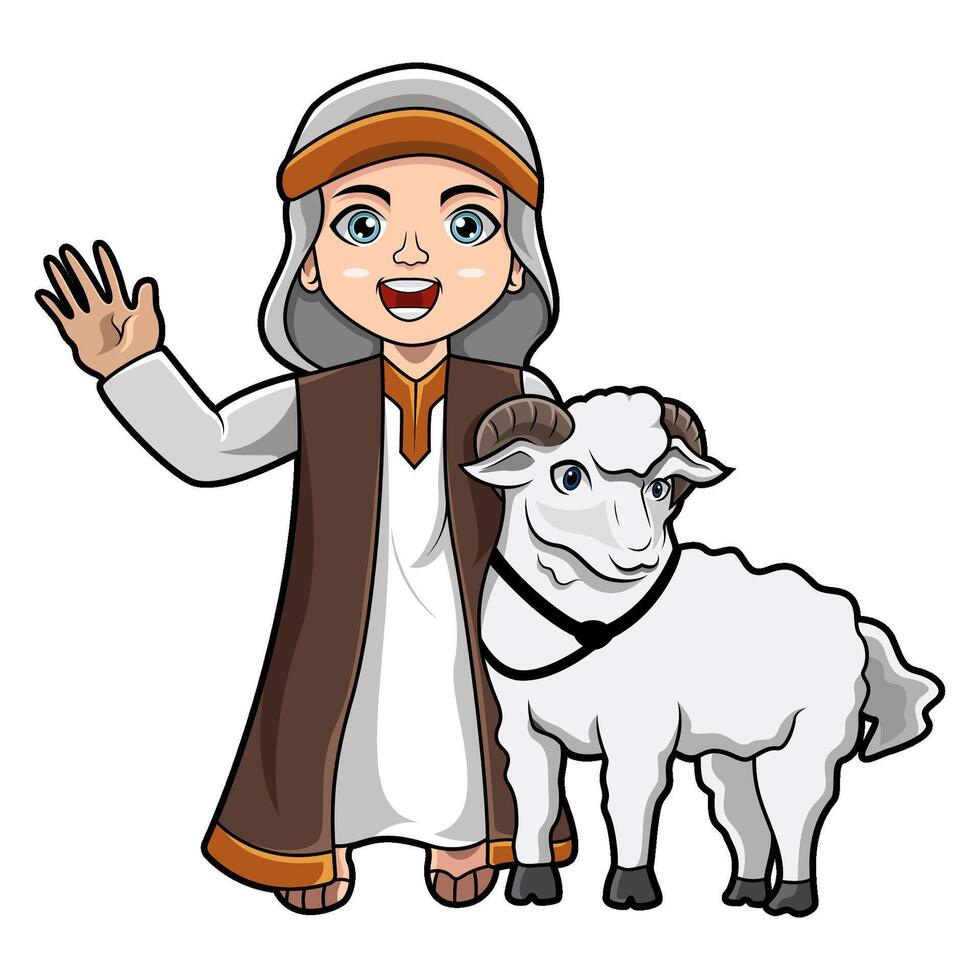 niño musulmán de dibujos animados sosteniendo una cabra vector