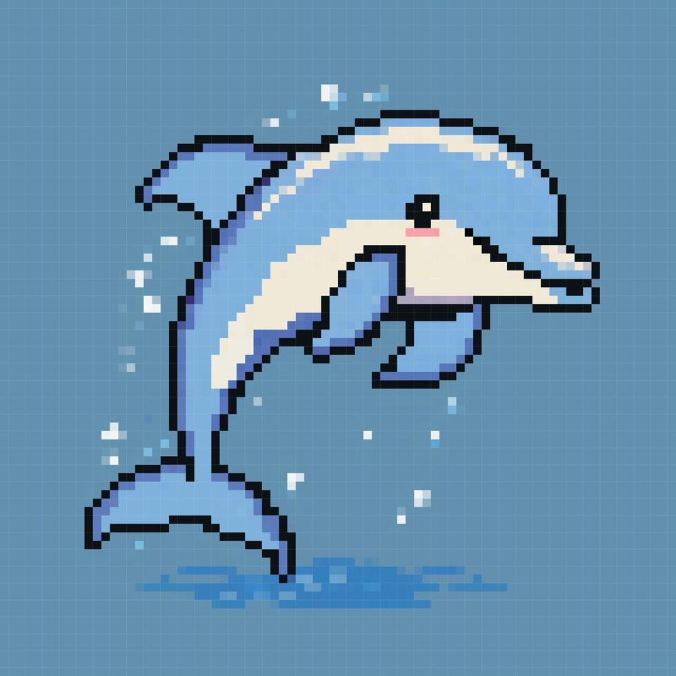 Pixeled Cartoon Dolphin character. Summer vacation icons set in pixel art design isolated on blue background, 80s-90s, digital vintage game style. vector