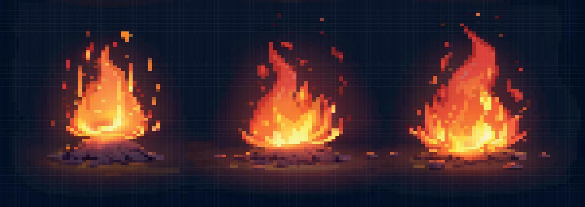 Pixel art fire. Red explosion and bonfire, burning campfire with flame ...