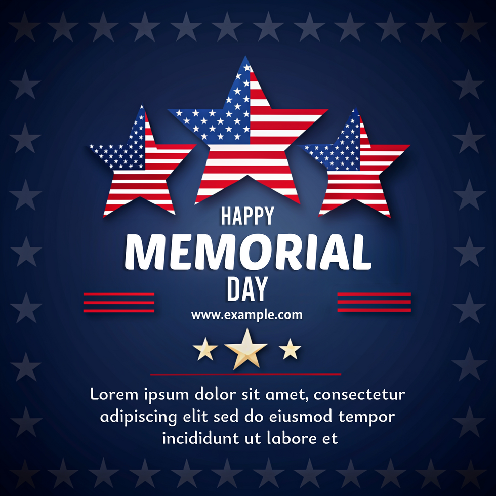 A blue poster with three stars and the words Happy Memorial Day psd