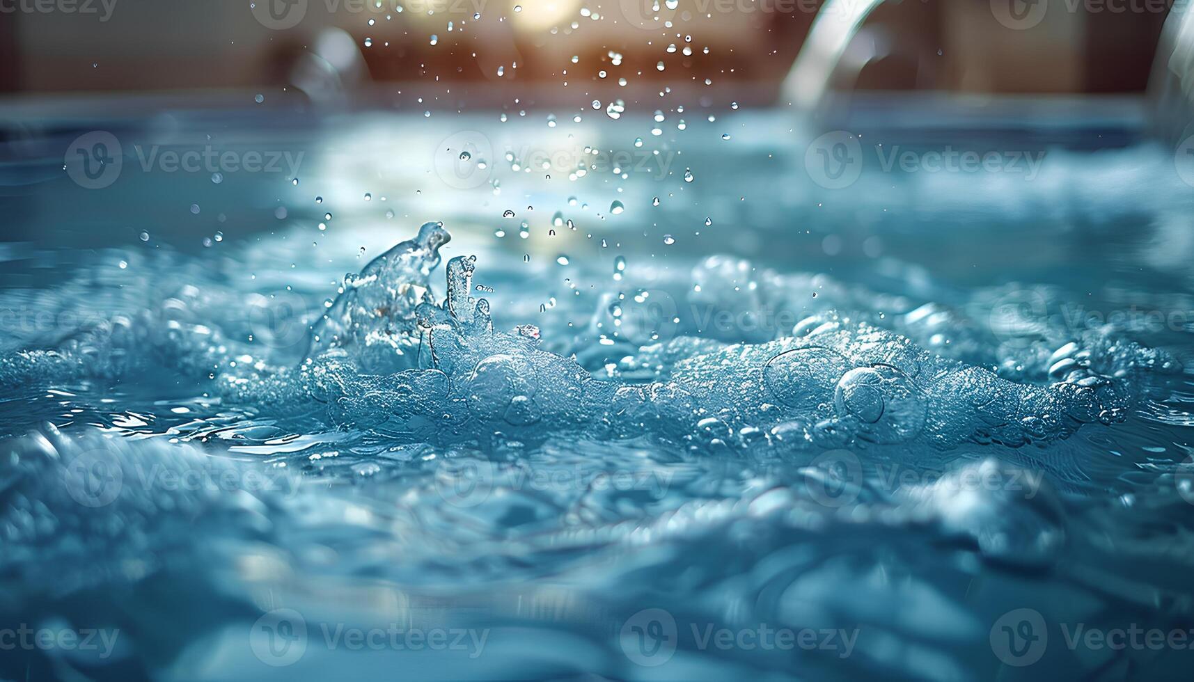 Water splash in the pool. Closeup of water explosion in a pool full of water. Water drip photo