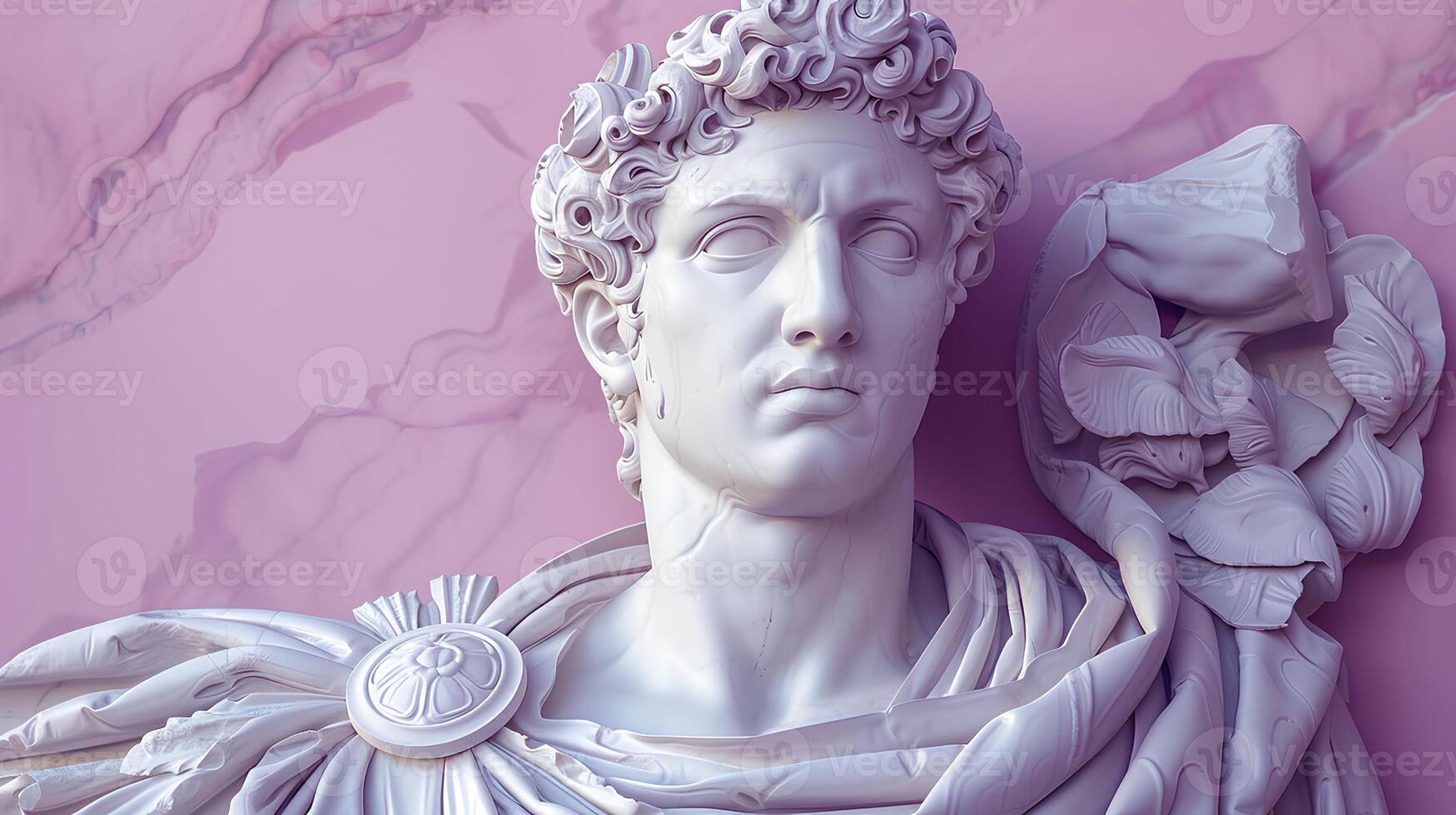 Ancient Greek statue of an ancient Roman senator in marble. Ancient roman Emperor statue in stone isolated on simple background. Ancient Greek architecture photo