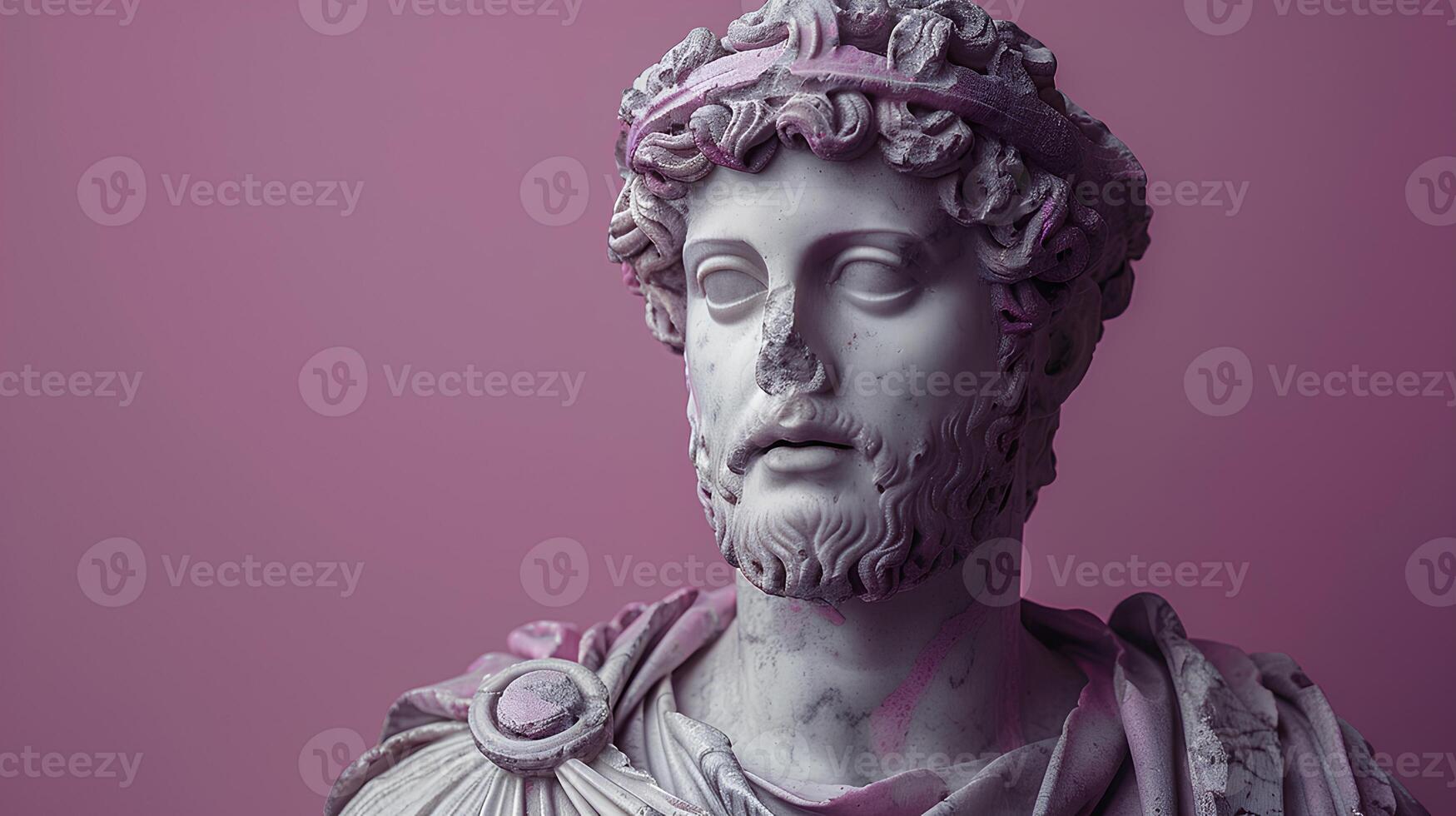 Ancient Greek statue of an ancient Roman senator in marble. Ancient roman Emperor statue in stone isolated on simple background. Ancient Greek architecture photo