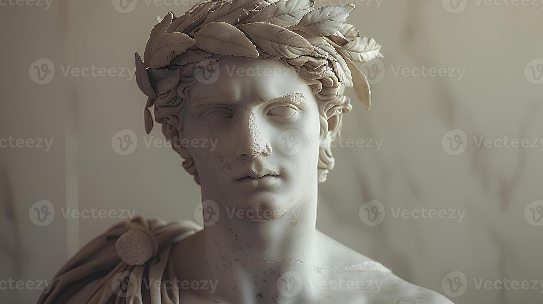 Ancient Greek statue of an ancient Roman senator in marble. Ancient roman Emperor statue in stone isolated on simple background. Ancient Greek architecture photo