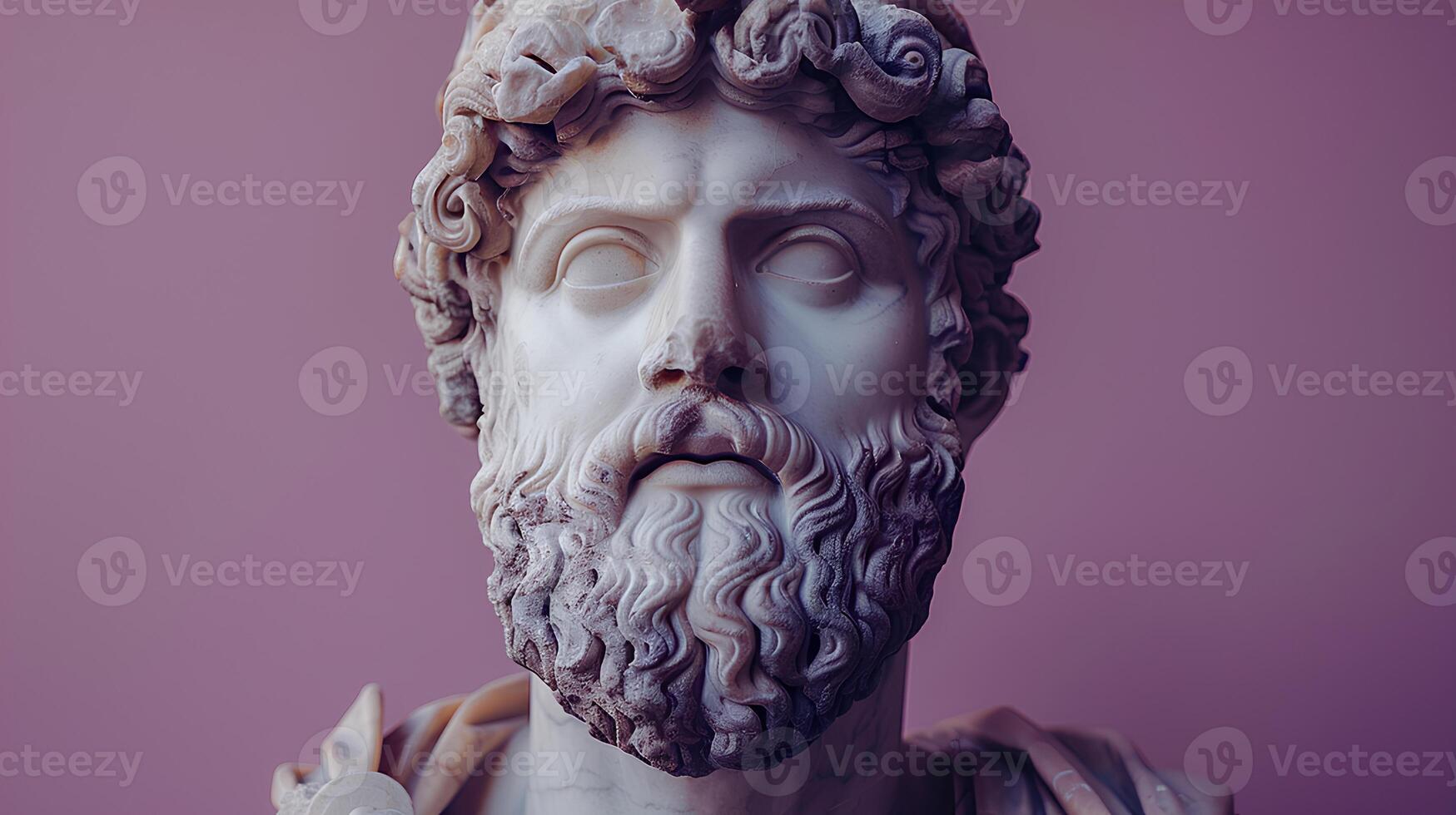 Ancient Greek statue of an ancient Roman senator in marble. Ancient roman Emperor statue in stone isolated on simple background. Ancient Greek architecture photo