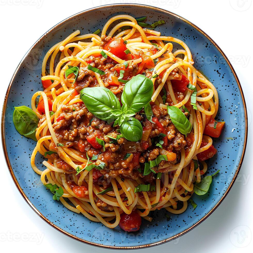 Spaghetti bolognese isolated on white background with shadow. Spaghetti bolognese on plate top view. Italian cuisine photo