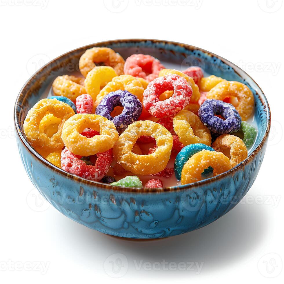 Bowl of fruit loops isolated on white background with shadow. Fruit loops cereal top view photo