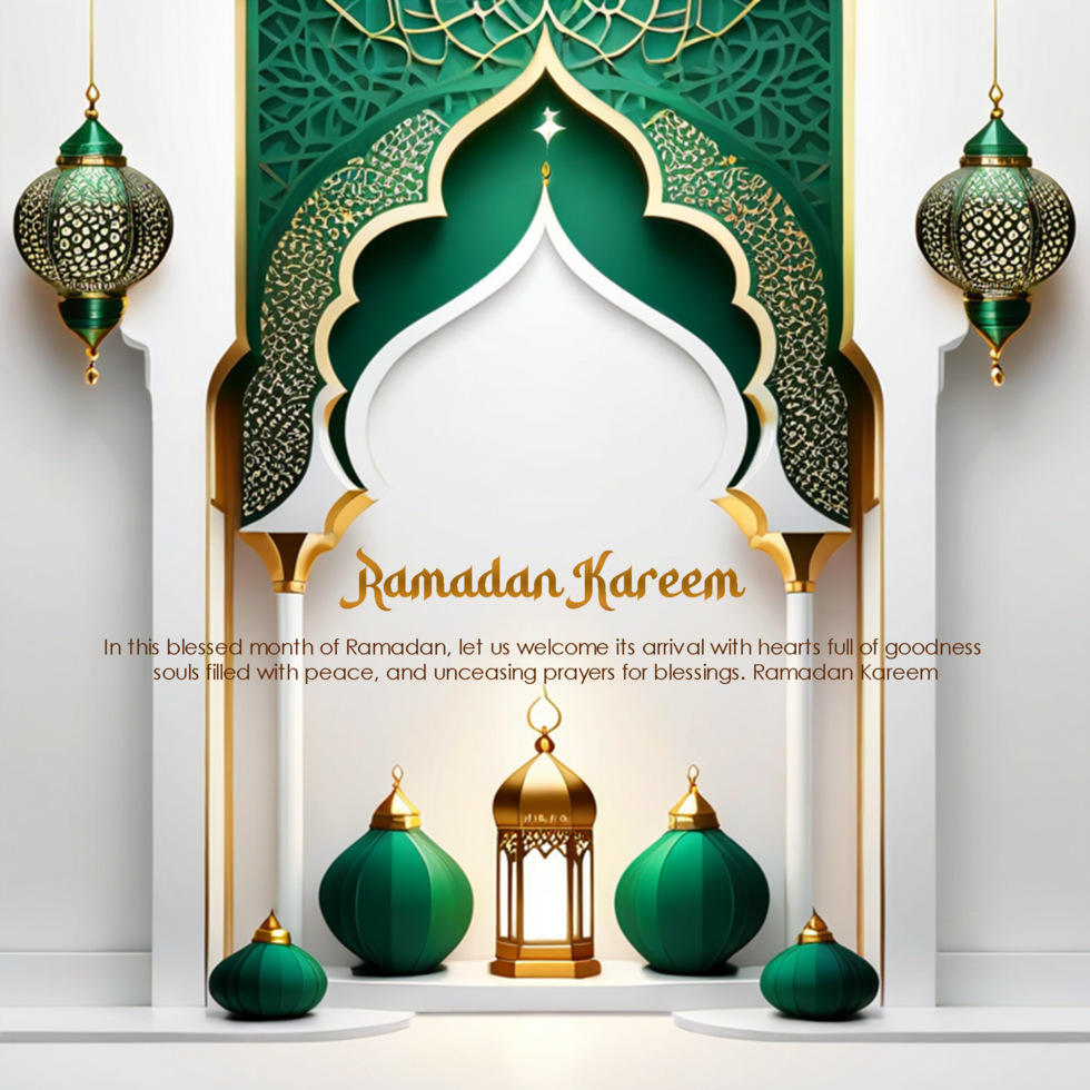 Ramadan kareem luxury green mihrab background design with gold lantern decoration psd