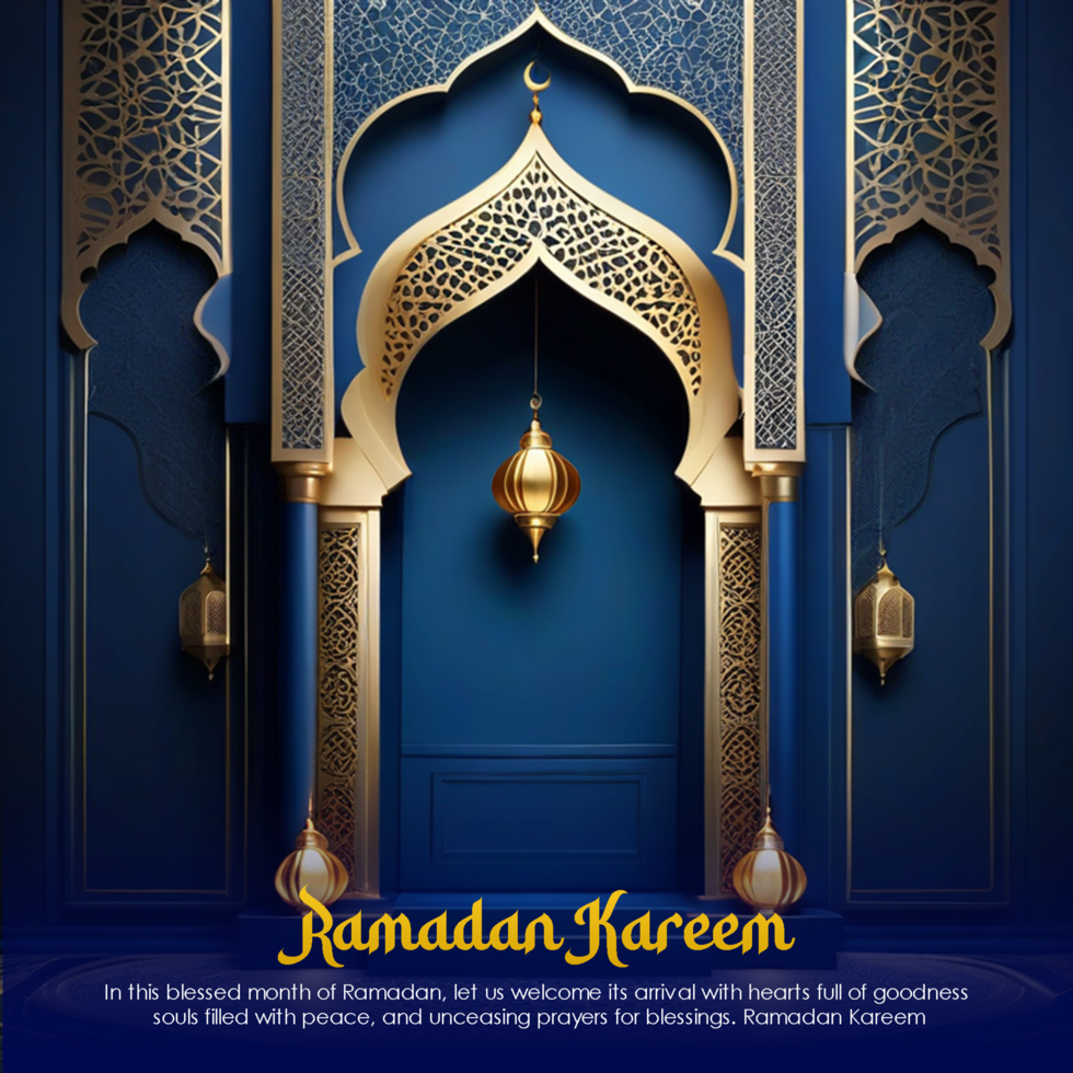 Ramadan kareem luxury dark blue mihrab background design with gold lantern decoration psd