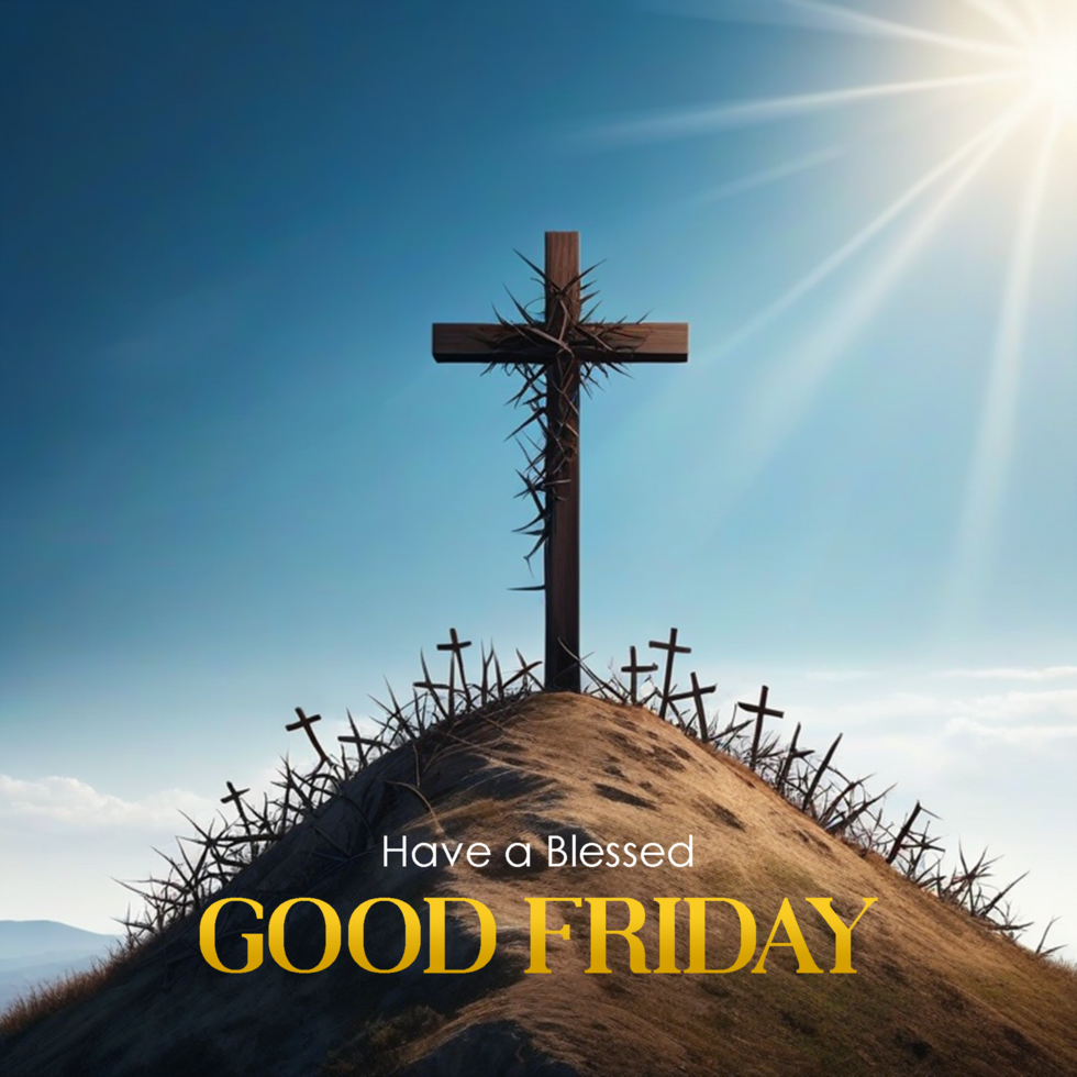 Good Friday concept of christian cross on a hill surrounded by thorns and shadow on sky background psd