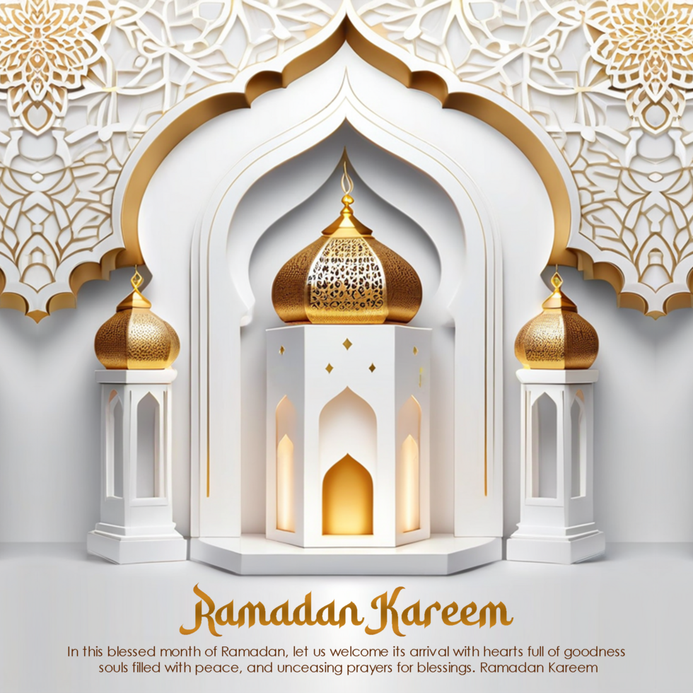 Ramadan kareem luxury white mihrab background design with gold lantern decoration psd