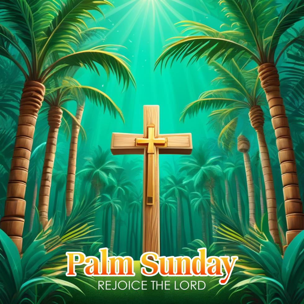 Palm week concept palm tree forest with decorated wooden christian cross background psd