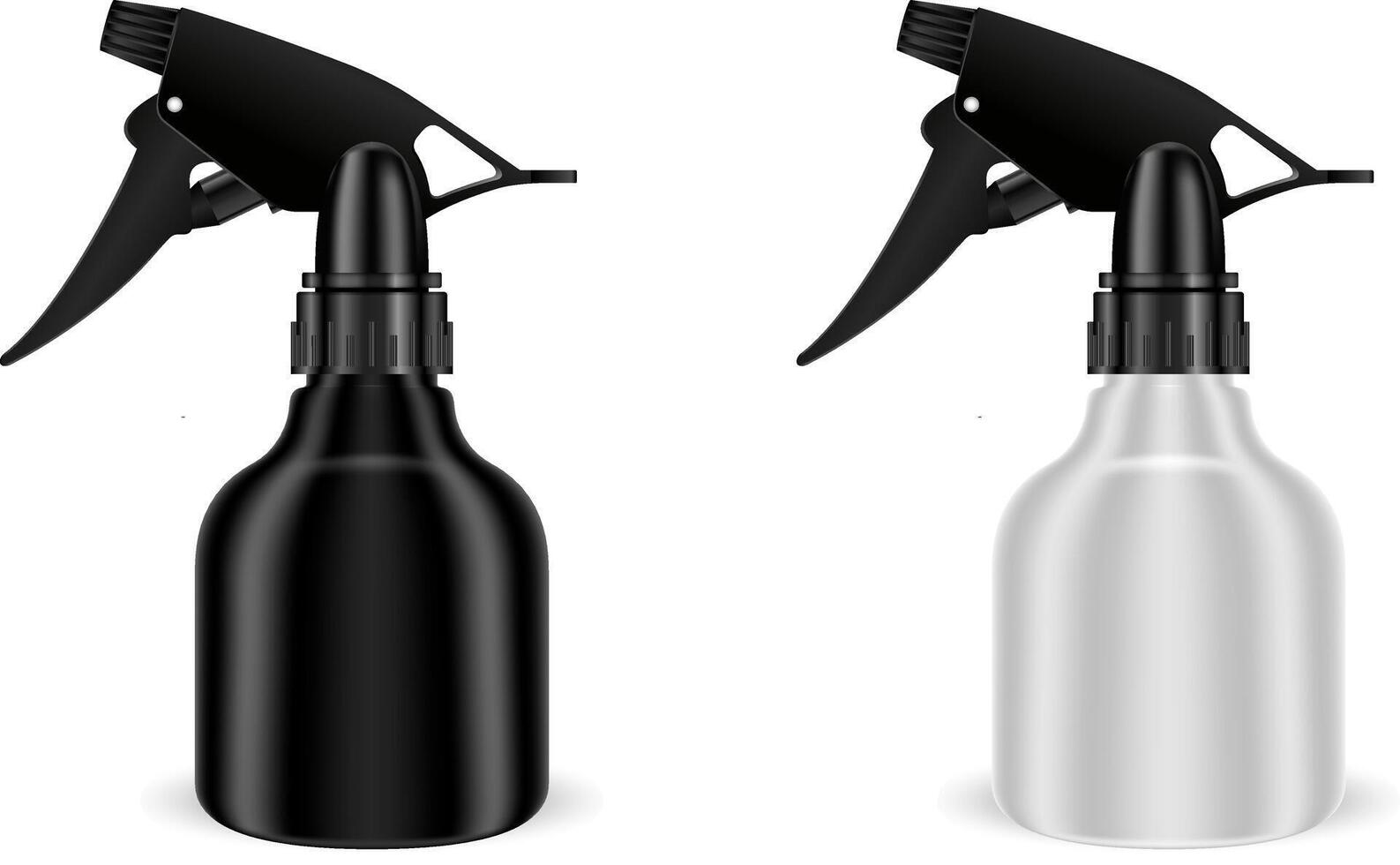 Spray bottles set with pistol sprayer head for cosmetic or house care products. Black and white plastic cosmetics package with trigger for barber shop. dispenser container. vector