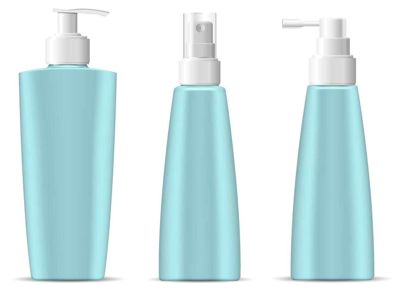 Cosmetic bottles pack with pump and spray dispenser lids in marine blue green color. Cosmetic containers for next products cream, moisturizer, shampoo, mask, soap and other liquids. 3d illustration. vector