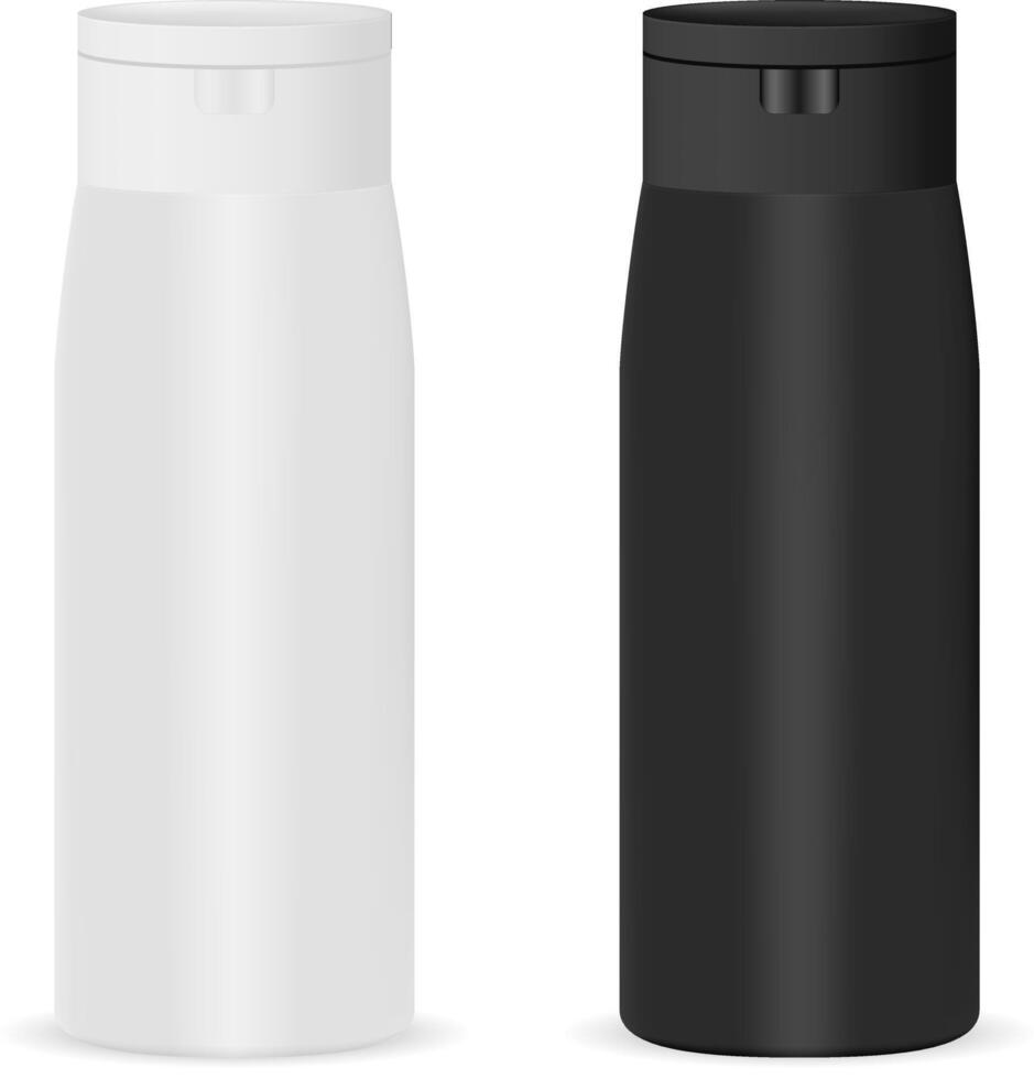 Cosmetic bottles mockup in black and white color with black lid. Premium plastic package for cream, shampoo, shower gel isolated on white background. HQ 3d illustration. vector