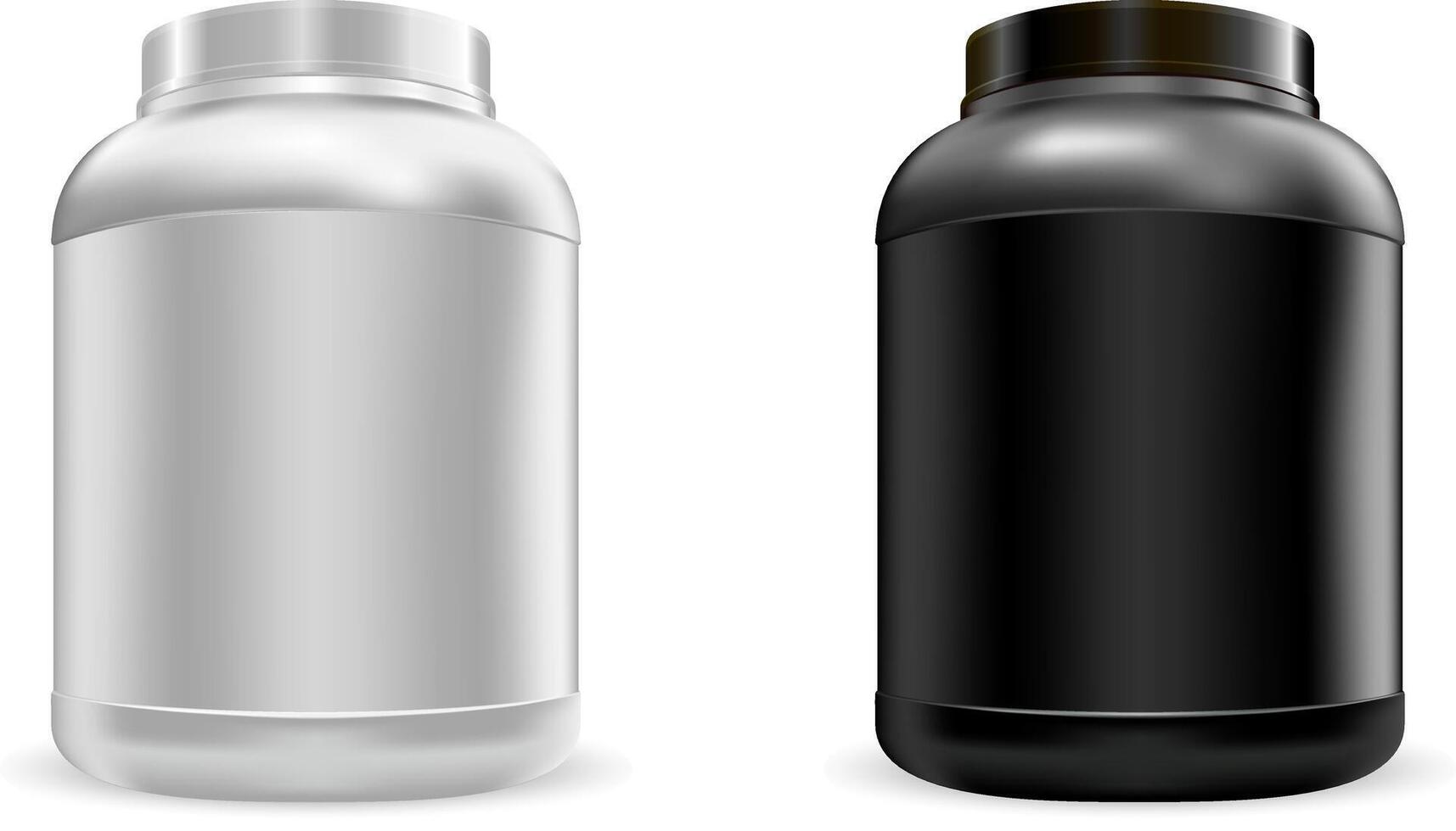 Big protein nutrition jars mockup set. Sports food gainer can. whey protein bottles template in black and white color. vector