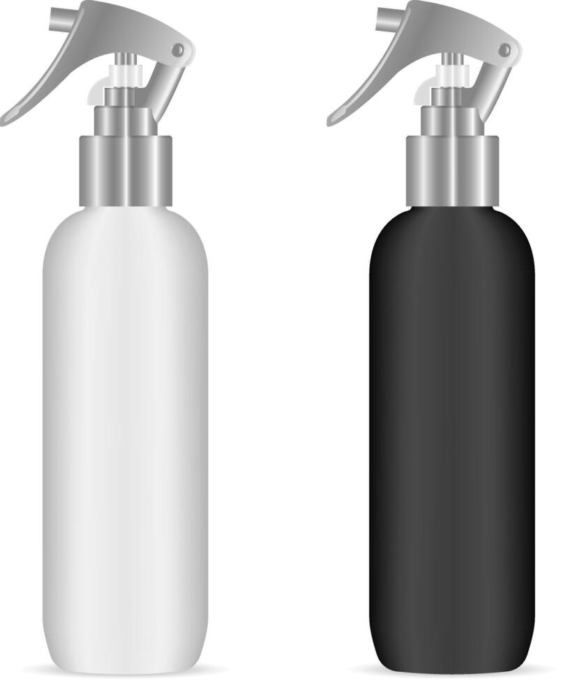 Spray bottles with pistol sprayer head for cosmetic or house care products.Black and white plastic cosmetics package with silver trigger lid. dispenser container. vector
