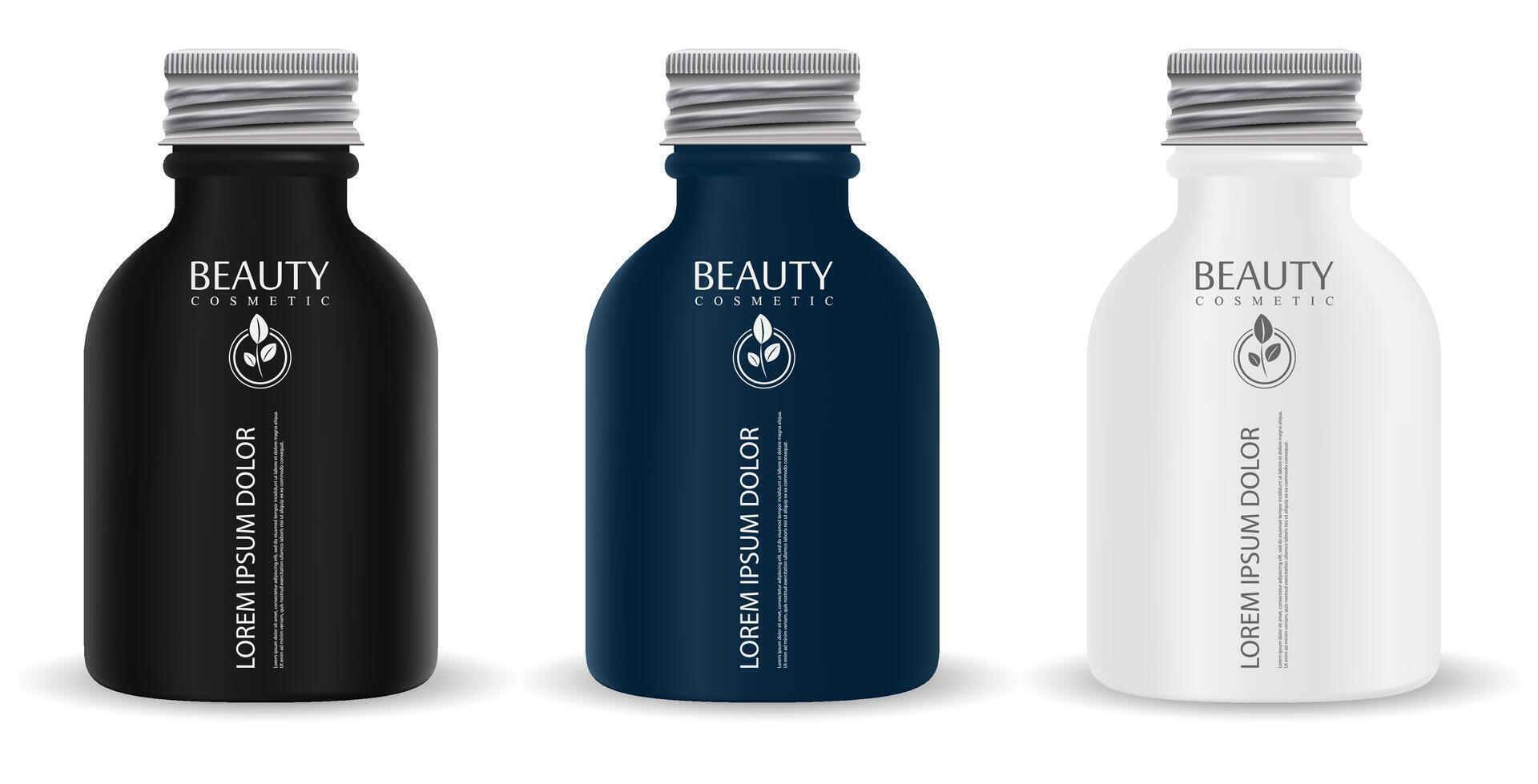 Screw cap cosmetic bottles mockup package. 3d packaging design for cosmetics or oil, water, drink, medicine supplements. vector