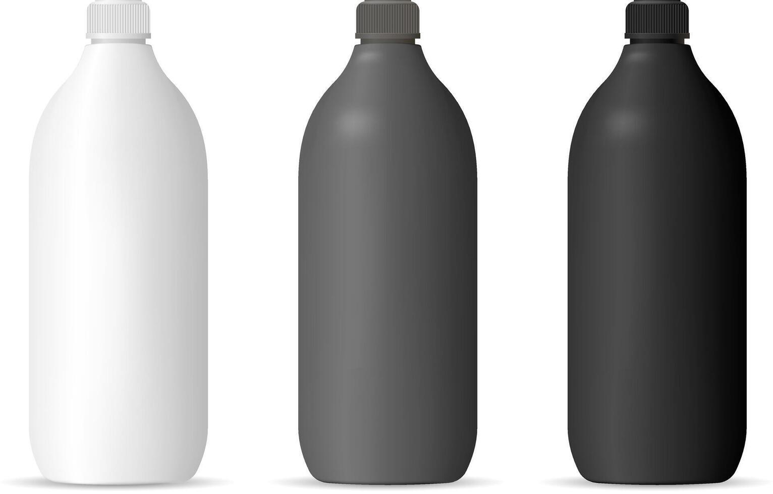 Bottles mockup set for cosmetic or household products. Cylinder Packaging containers in matte black, white or gray color plastic for shampoo, gel, lotion, hair and body products, chemistry. vector