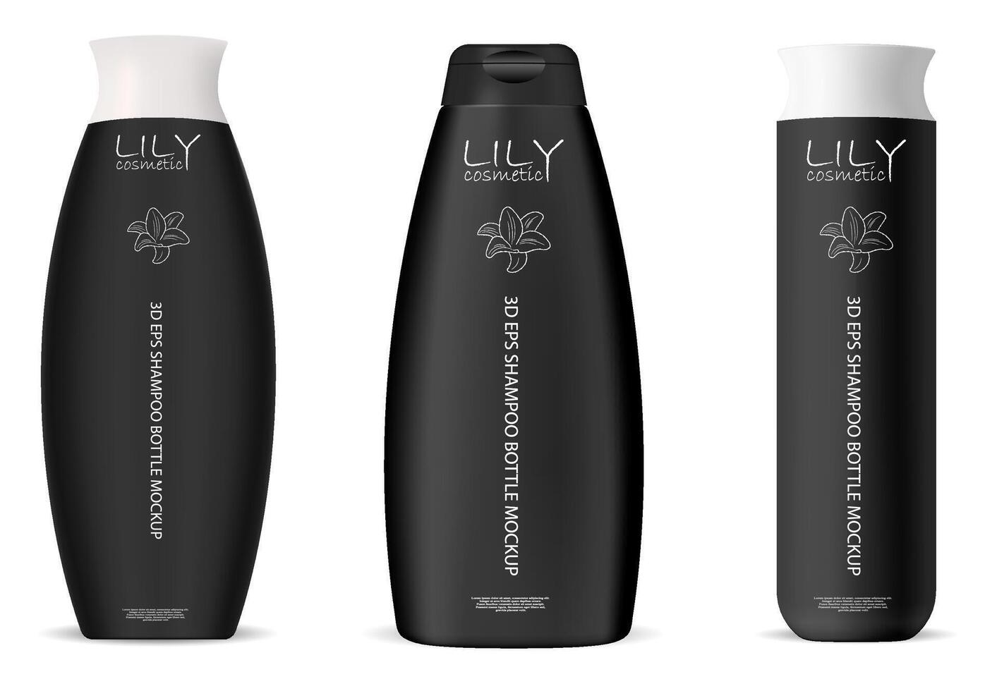 Set of black cosmetic bottles for shampoo, gel, soap and other liquid products. 3d mockup packaging design. vector