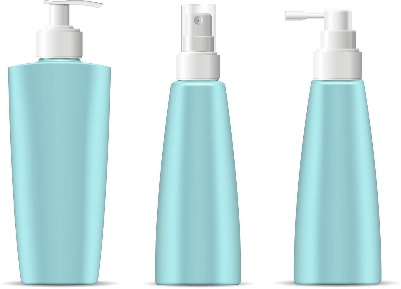 Cosmetic bottles pack with pump and spray dispenser lids in marine blue green color. Cosmetic containers for next products cream, moisturizer, shampoo, mask, soap and other liquids. 3d illustration. vector