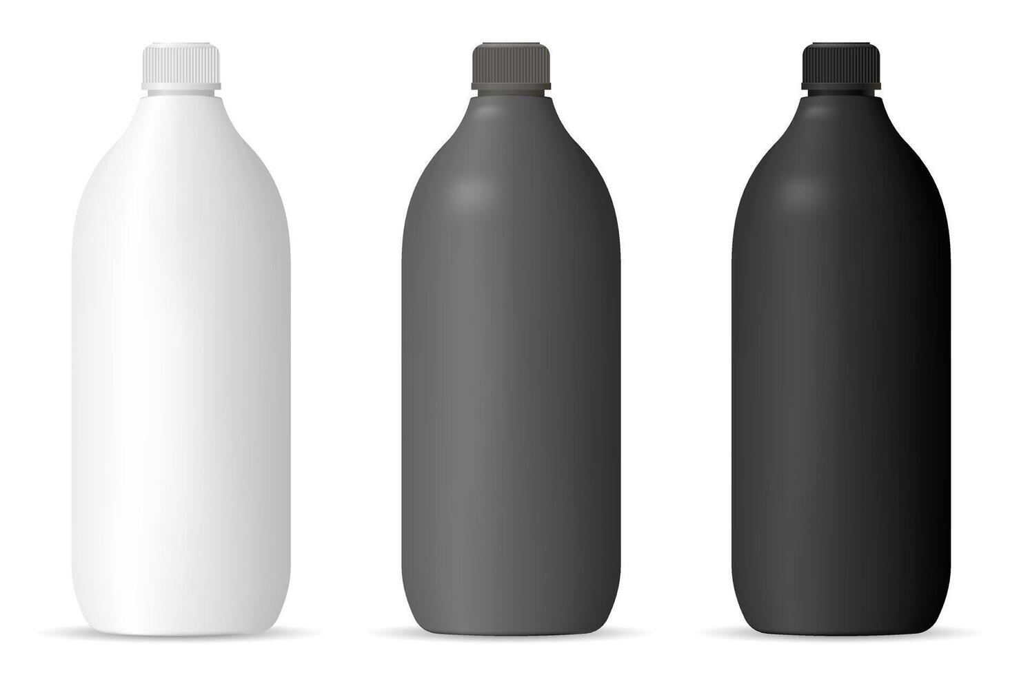 Bottles mockup set for cosmetic or household products. Cylinder Packaging containers in matte black, white or gray color plastic for shampoo, gel, lotion, hair and body products, chemistry. vector