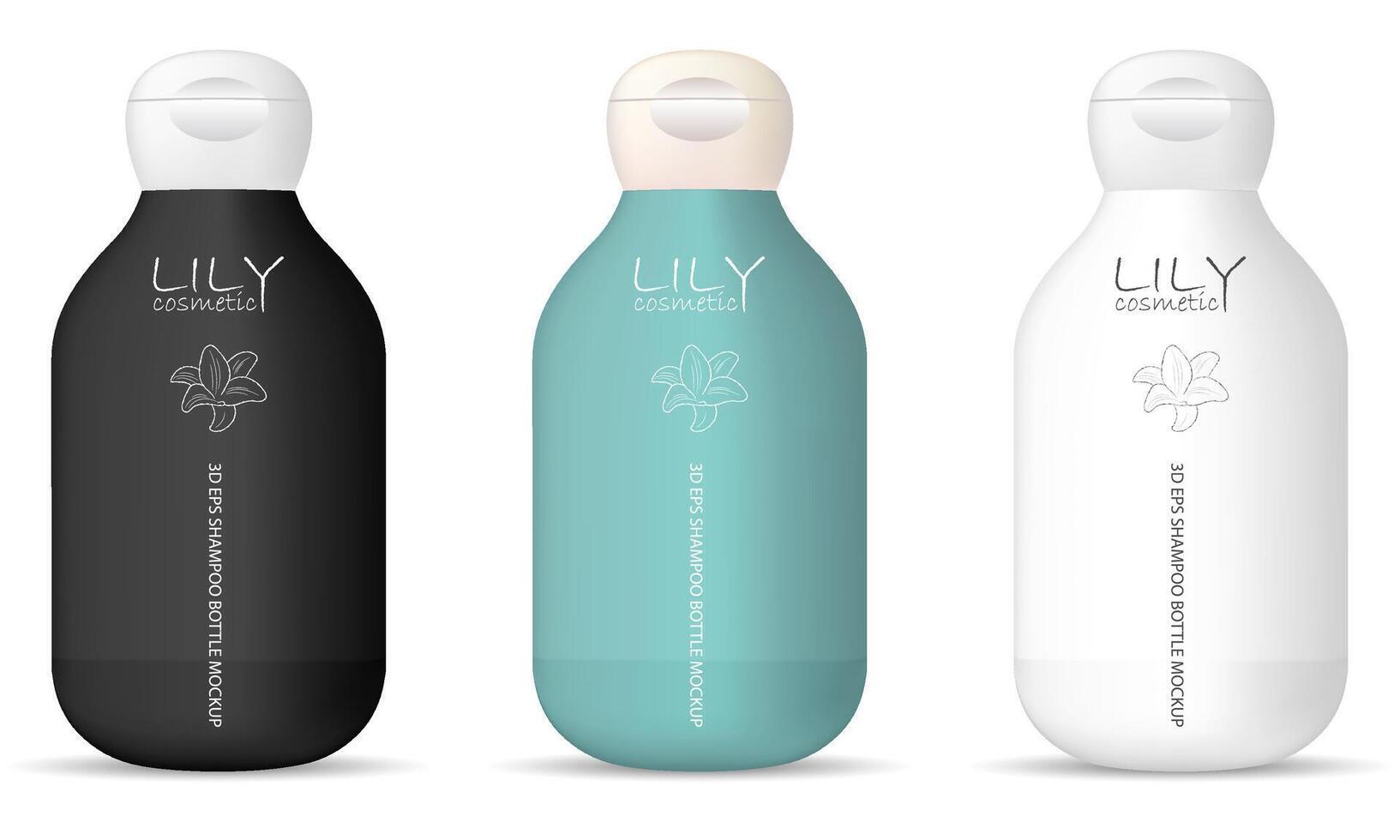 Round cosmetic bottles pack for shampoo, gel, soap and other liquid products. 3d mockup packaging design. vector