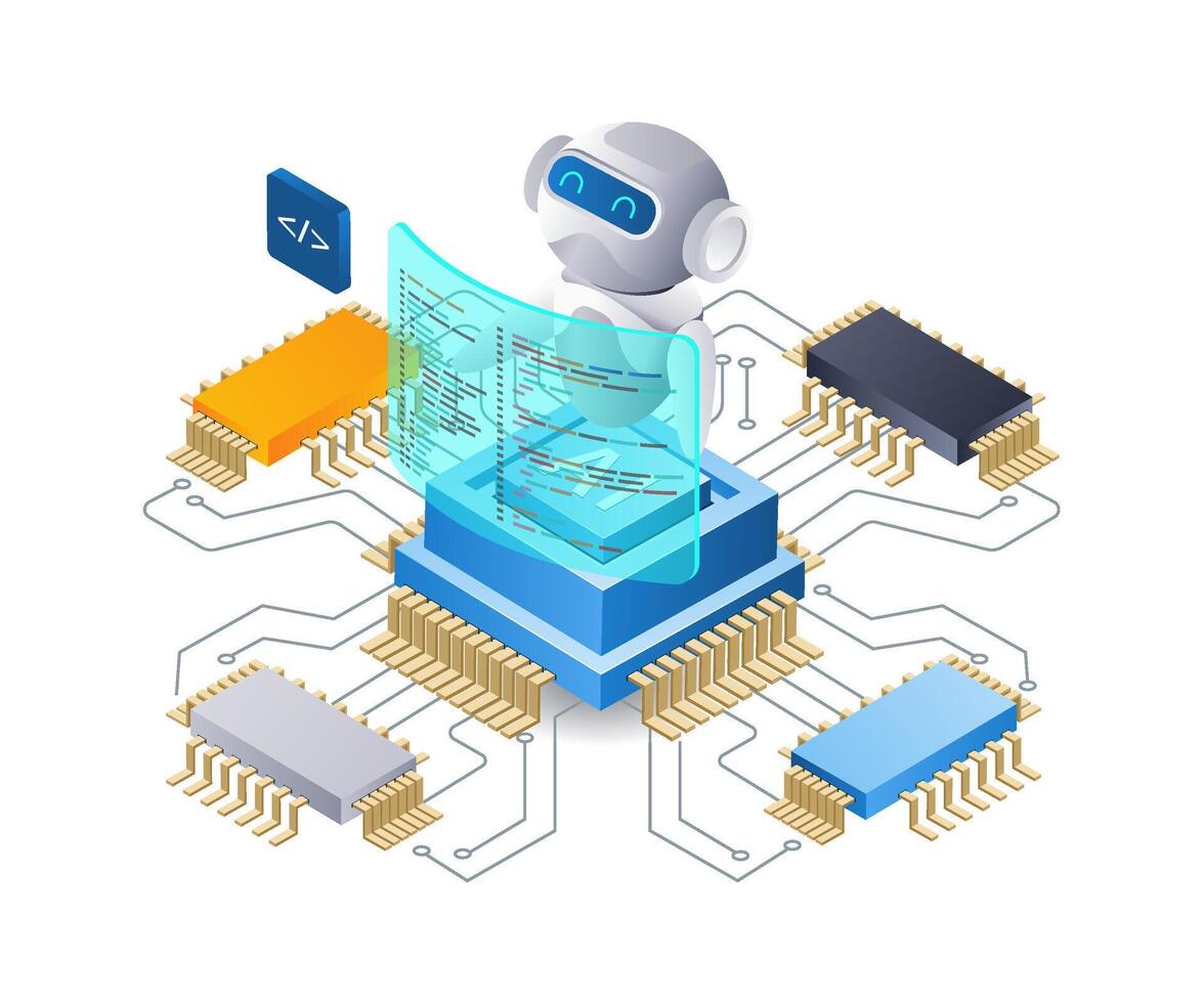 Robot developer cloud data server hosting technology infographic illustration 3d flat isometric vector