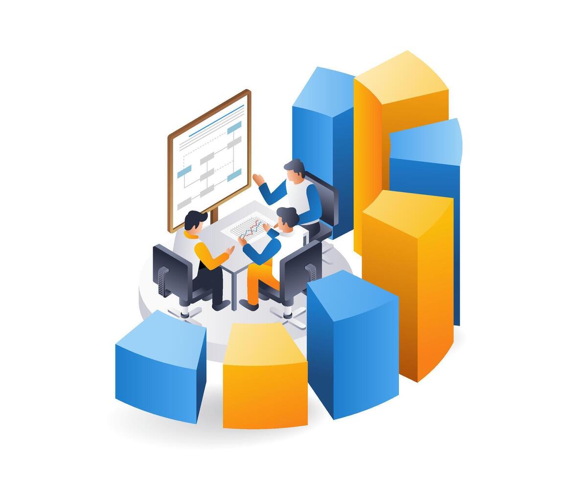 Team meeting business development, infographic 3d illustration flat isometric vector