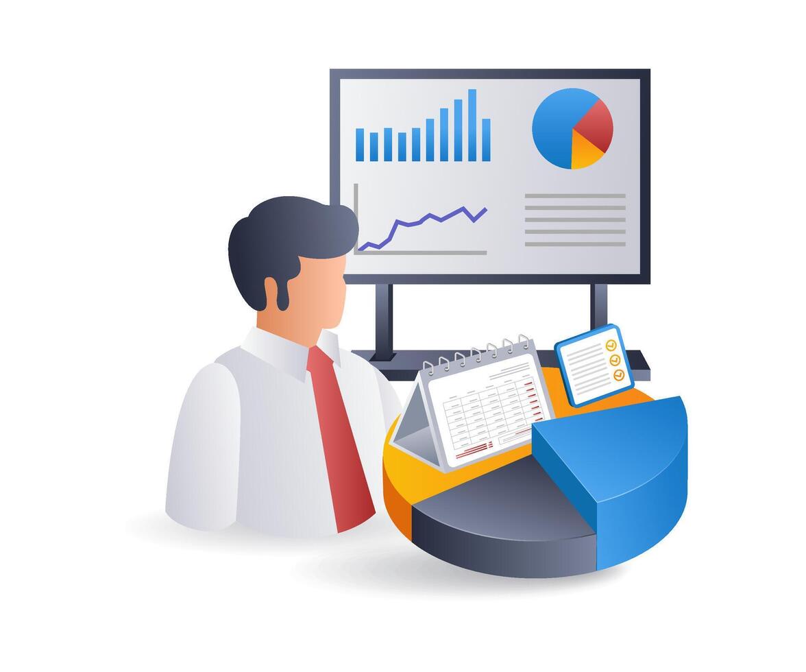 empresario análisis desarrollos infografía, plano isométrica 3d ilustraciones vector